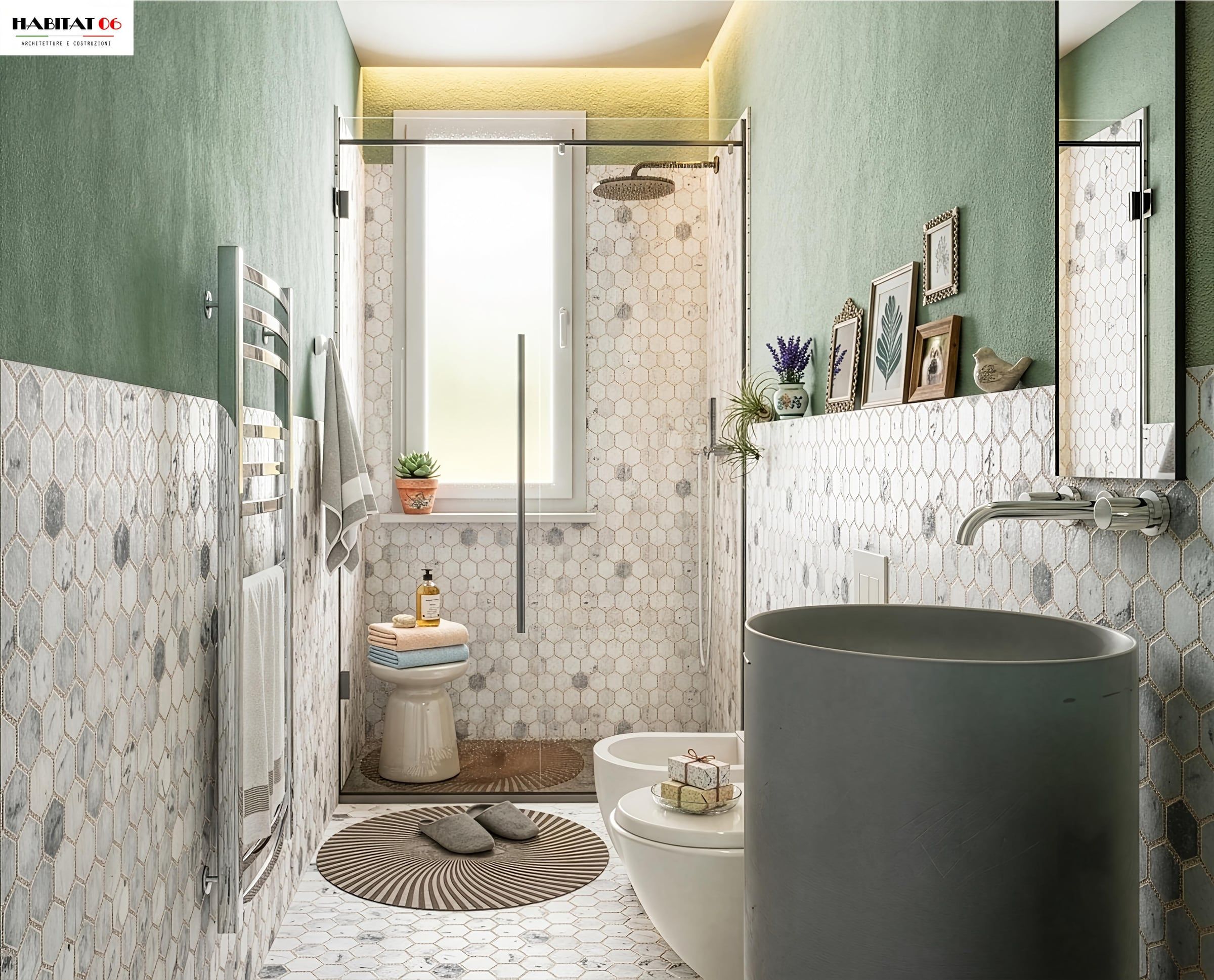 Bagno con doccia, rivestimento a esagoni grigi e pareti verde salvia, lavabo a colonna