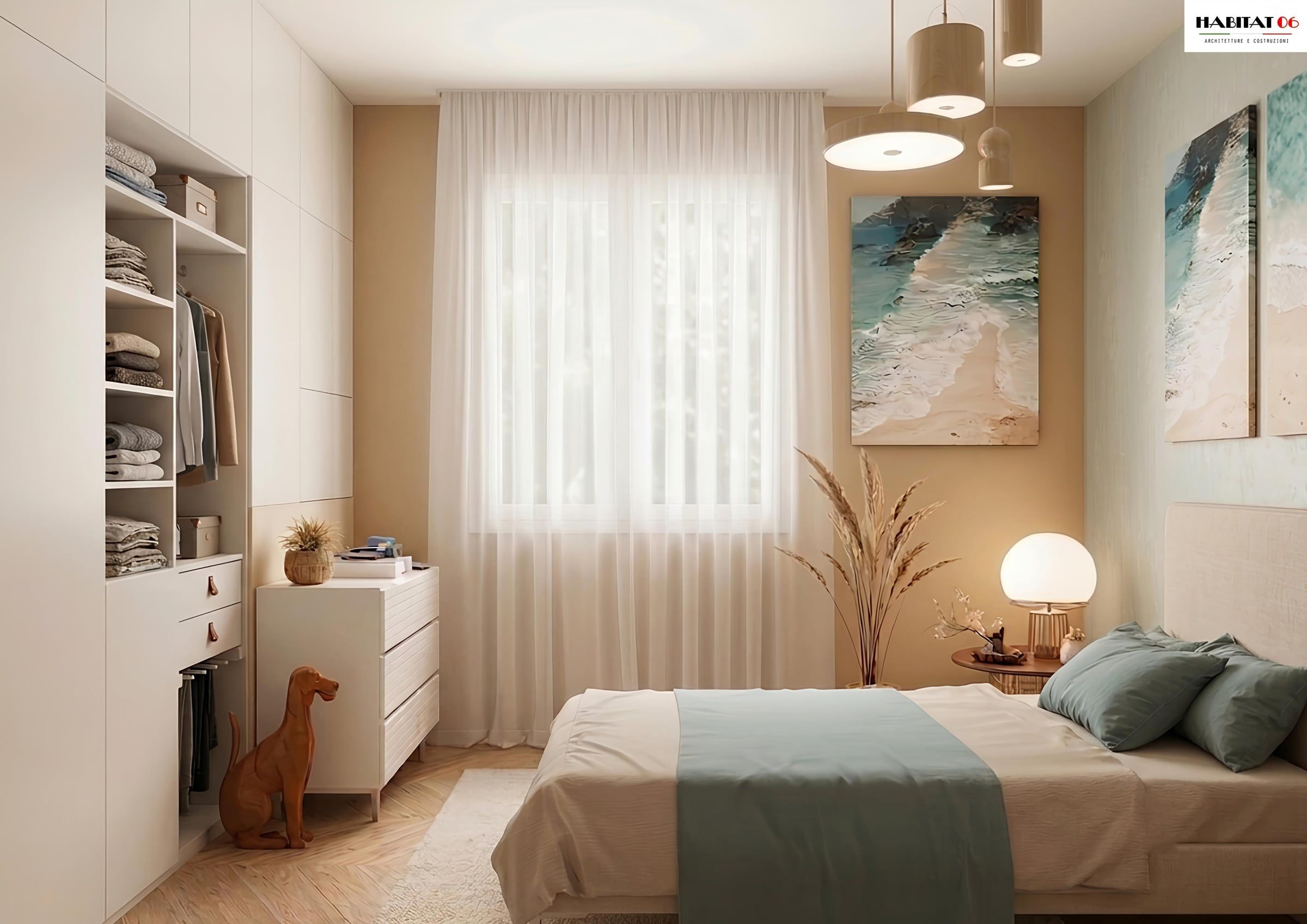 Camera singola con letto, armadio a giorno e finestra con tende chiare