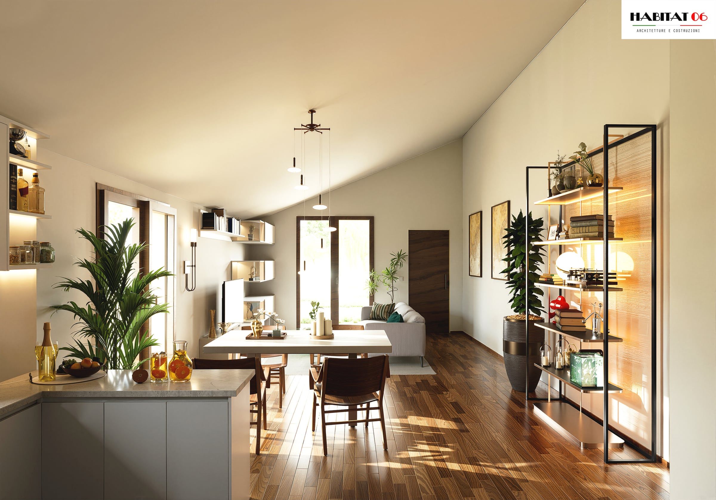 Cucina e zona pranzo sotto il soffitto inclinato, pavimento in legno e libreria illuminata