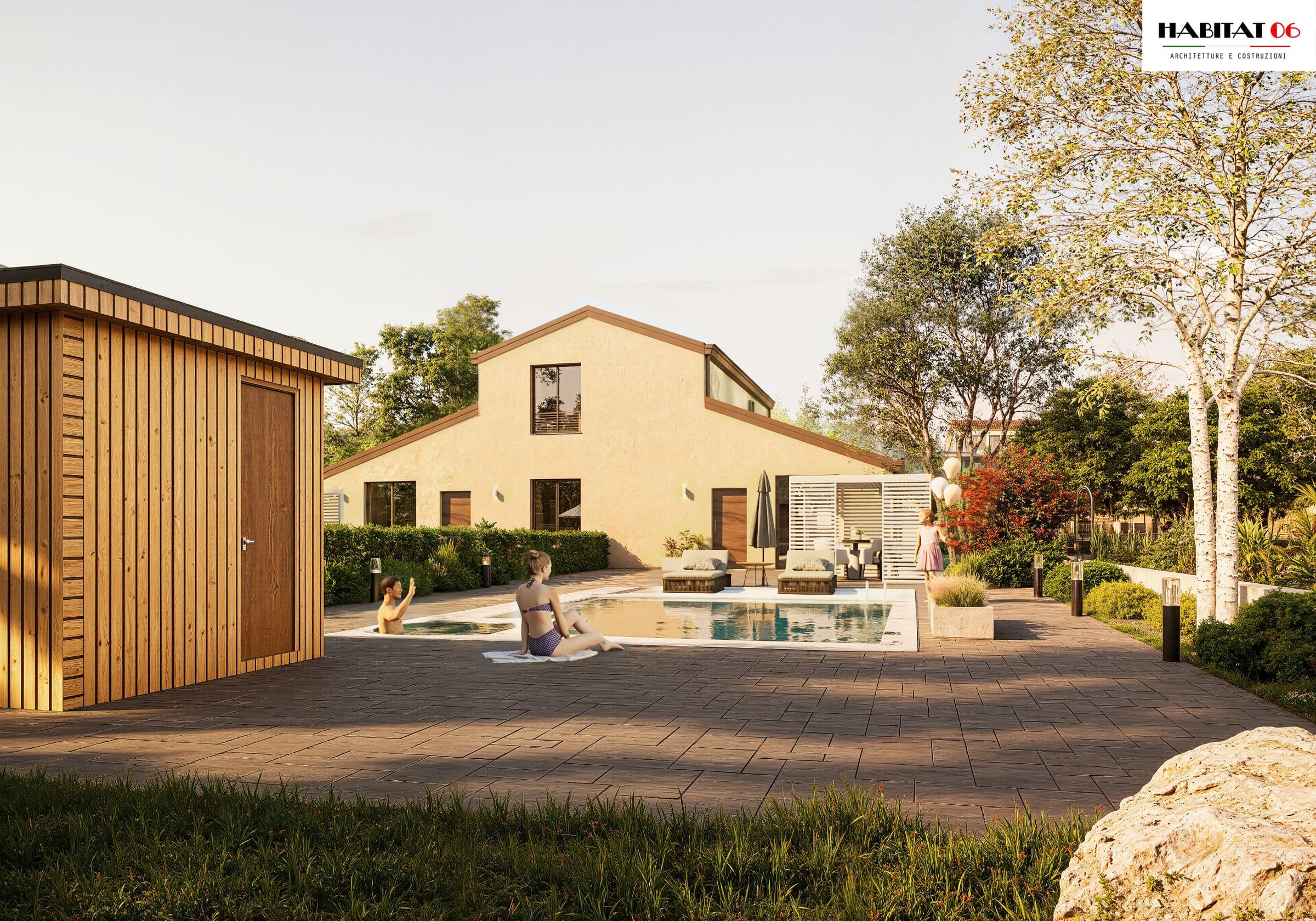 Giardino con piscina davanti alla casa, casetta in legno a sinistra e alberi sullo sfondo