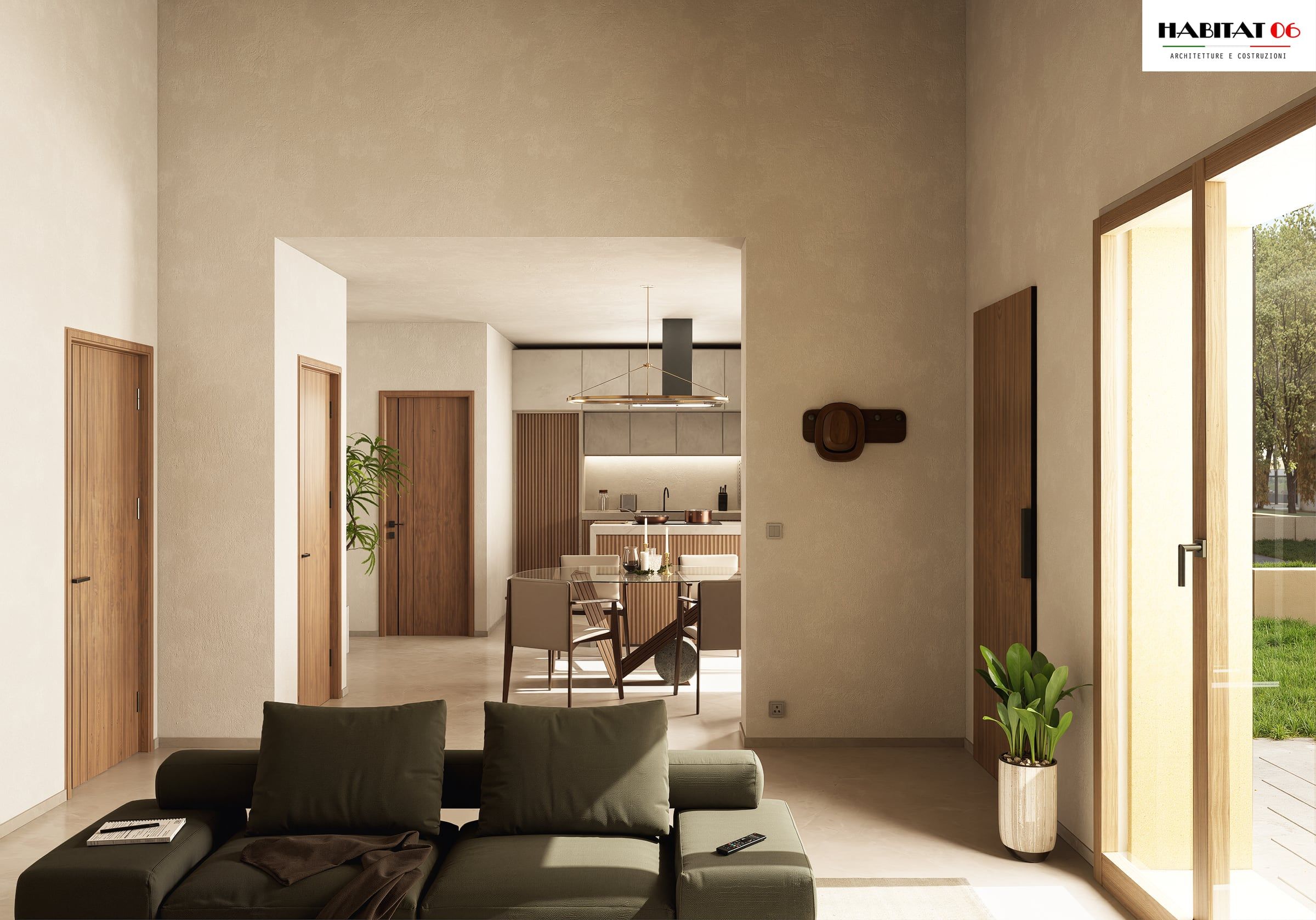 Soggiorno con divano verde, porte in legno, grande vetrata sul giardino e cucina sullo sfondo